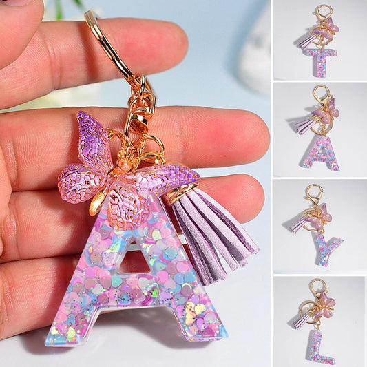 Butterfly A To Z Purple Heart Filled Initials Letter Key Ring